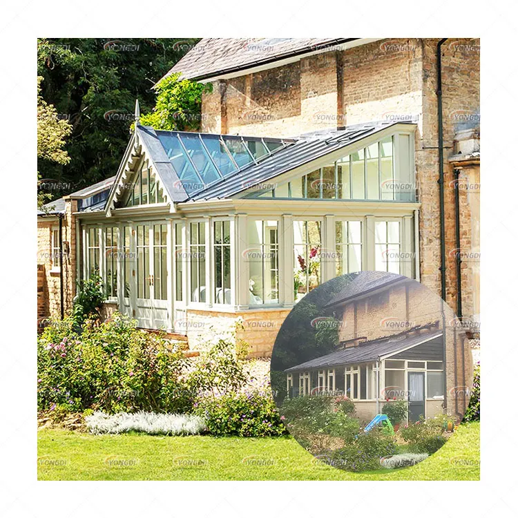 Mini ecofriendly 4 season pc polycarbonate sheet outdoor waterproof orangery house aluminum glass garden greenhouse