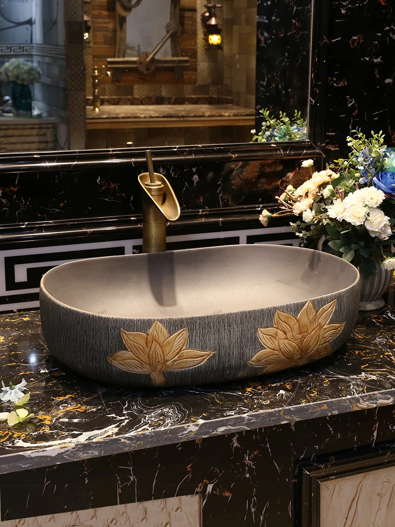 Vintage Lotus Art Platform Pot Home Chinese Ceramic Wash Basin Balcony Toilet Platform Wash Basin