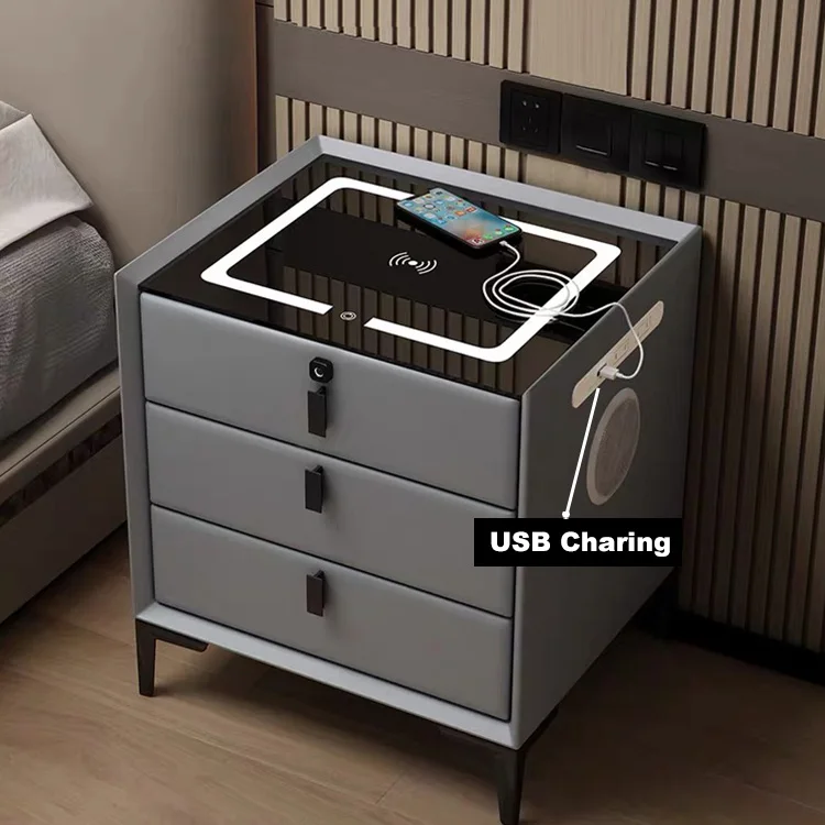 luxury Bed room furniture wooden smart bedside coffee table modern nightstands with USB wireless charging