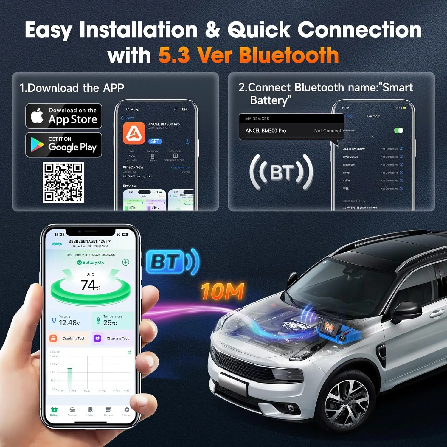 ANCLEL BM300 Pro 6V 12V 24V Battery Monitor IP67 Waterproof Bluetooth 5.3 Voltmeter Trucks Charging Cranking System Test Alarm