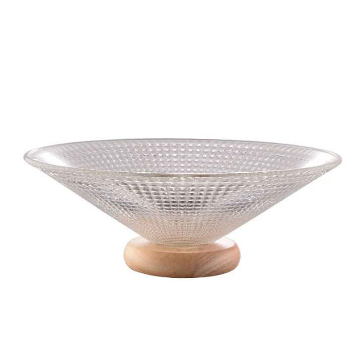 Modern Luxury  Simple Glass Fruit Plate Ornament Household Living Room Rubber Wood Bottom Fruit Snack Tray Glass Fruit Plate