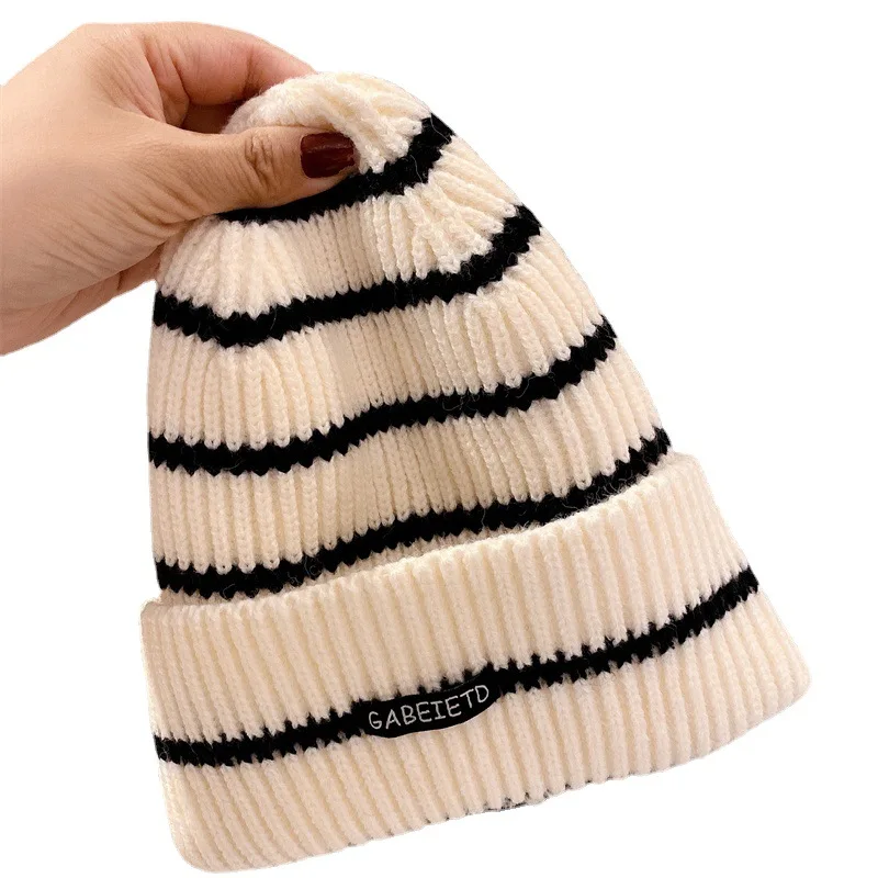 Оптовая продажа, японские повседневные облегающие шапки, зимние теплые шапки, шапка, черно-белые вязаные шапки в полоску для женщин и мужчин