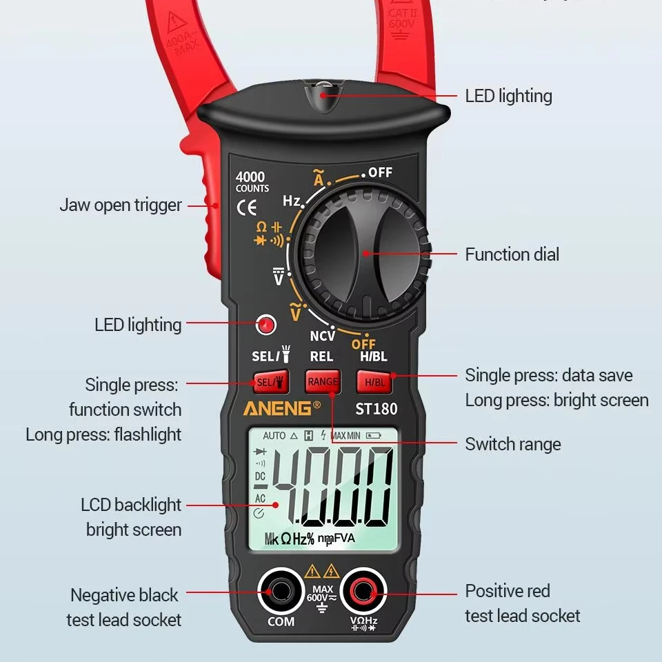 ST180 4000 Counts Digital Clamp Meter AC Current Multimeter Ammeter Voltage Tester Car Amp Hz Capacitance NCV Ohm Tool
