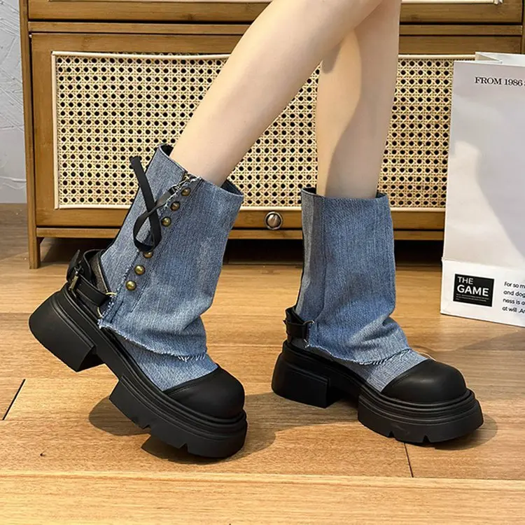 winter boots for women Fashion Anti-Slip Pu Upper Warm Black Botas De Mujer jelly shoes new round toe chunky heel leather boots