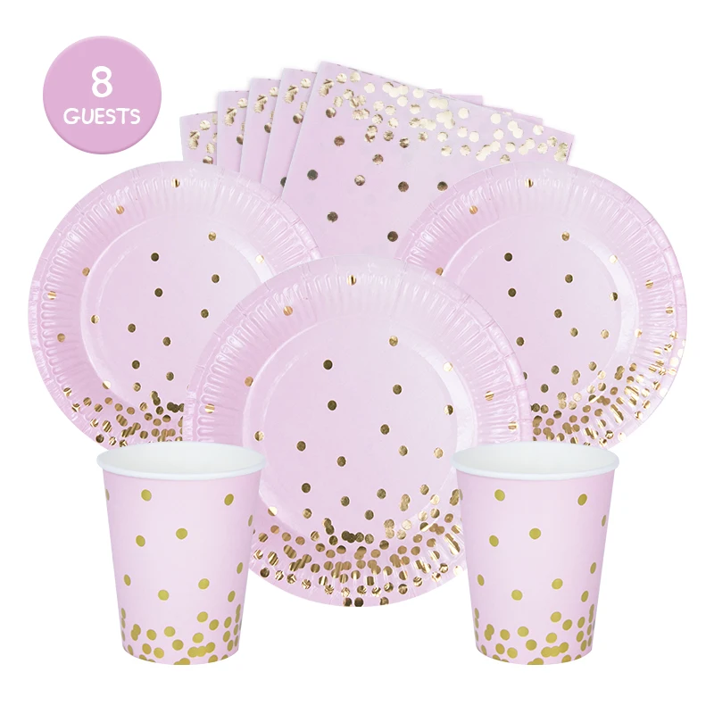 Rose gold hot stampling Happy birthday pattern disposable tableware set paper plate cup napkin for birthday event decoration