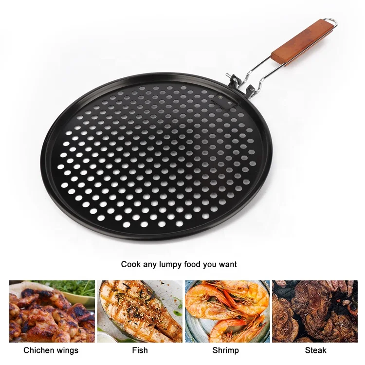 Bbq Vegetable Grill Pan Wok Accessories Non Stick Metal Grill Round Topper Skillet Basket With Folded Wood Handle