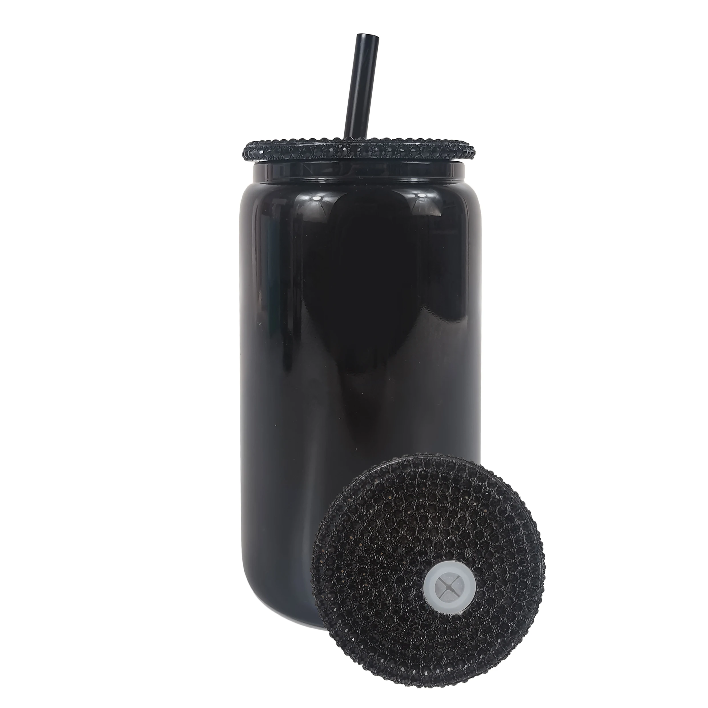 USA warehouse diamond all  black glitter 16oz glass plastic beer coffer can cup mug with bling rhinestone