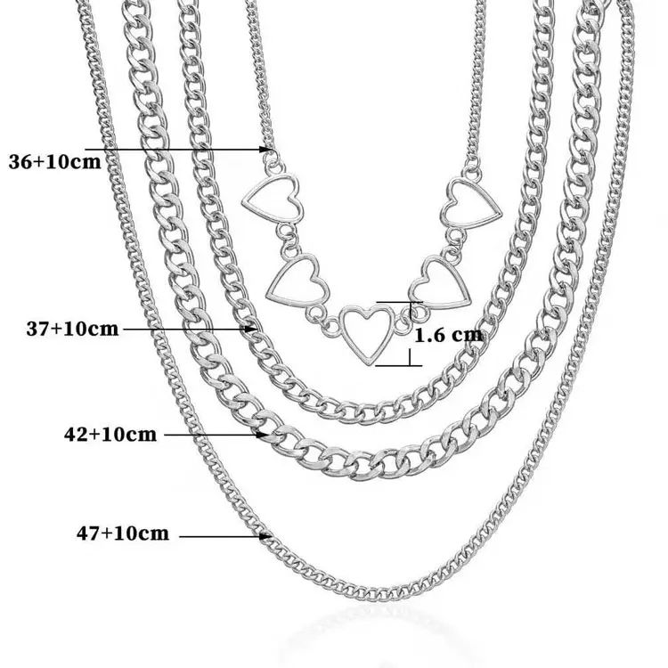 Punk Hip Hop Geometric Choker Necklace Fashion Hollow Peach Heart Gold Chain 4 Pcs Layered Necklace Set Women