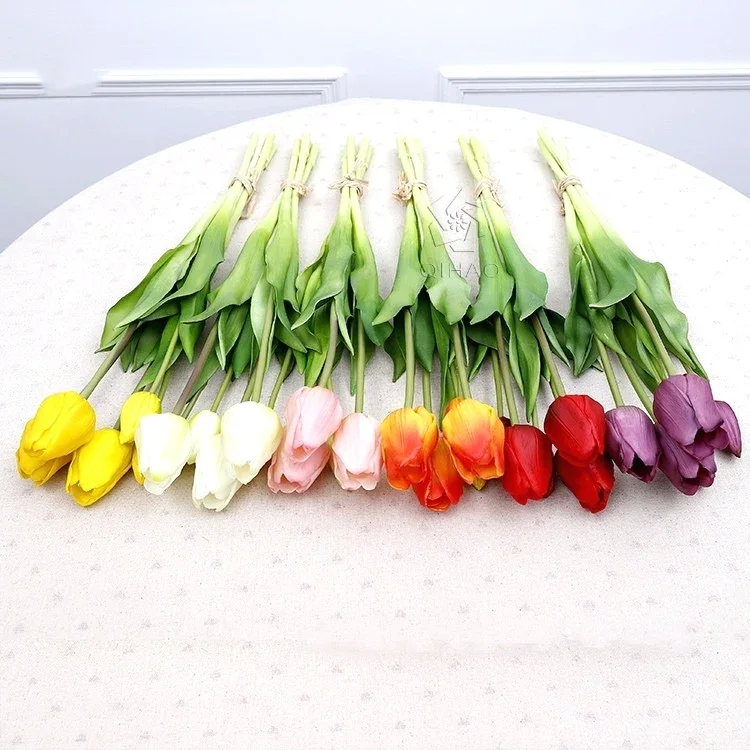 Artificial Flower Real Touch Soft Latex 5 Heads Flower Tulip Artificial Champagne Parrot White Tulip for Wedding Decoration