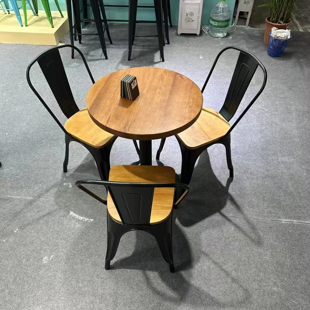 Foshan Factory Cheap Durable Industrial Stackable Vintage Metal Restaurant Dining Tolixes Chairs Tables Pine Wooden table top