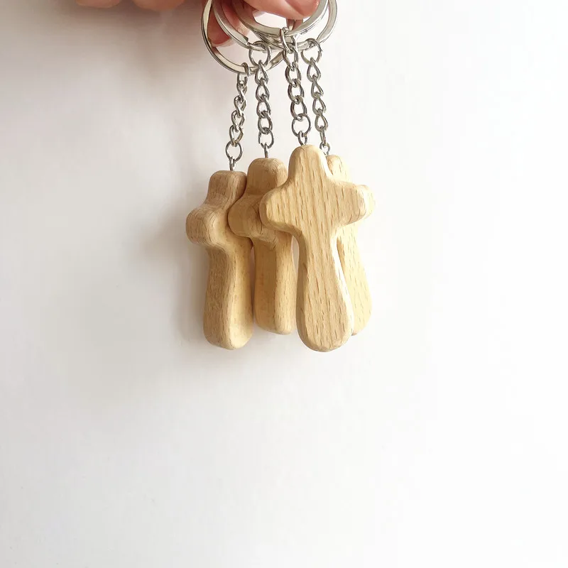 Cross Shaped Light Wooden Handicrafts Keychain UV Printed Blank Keychain for Key Organization