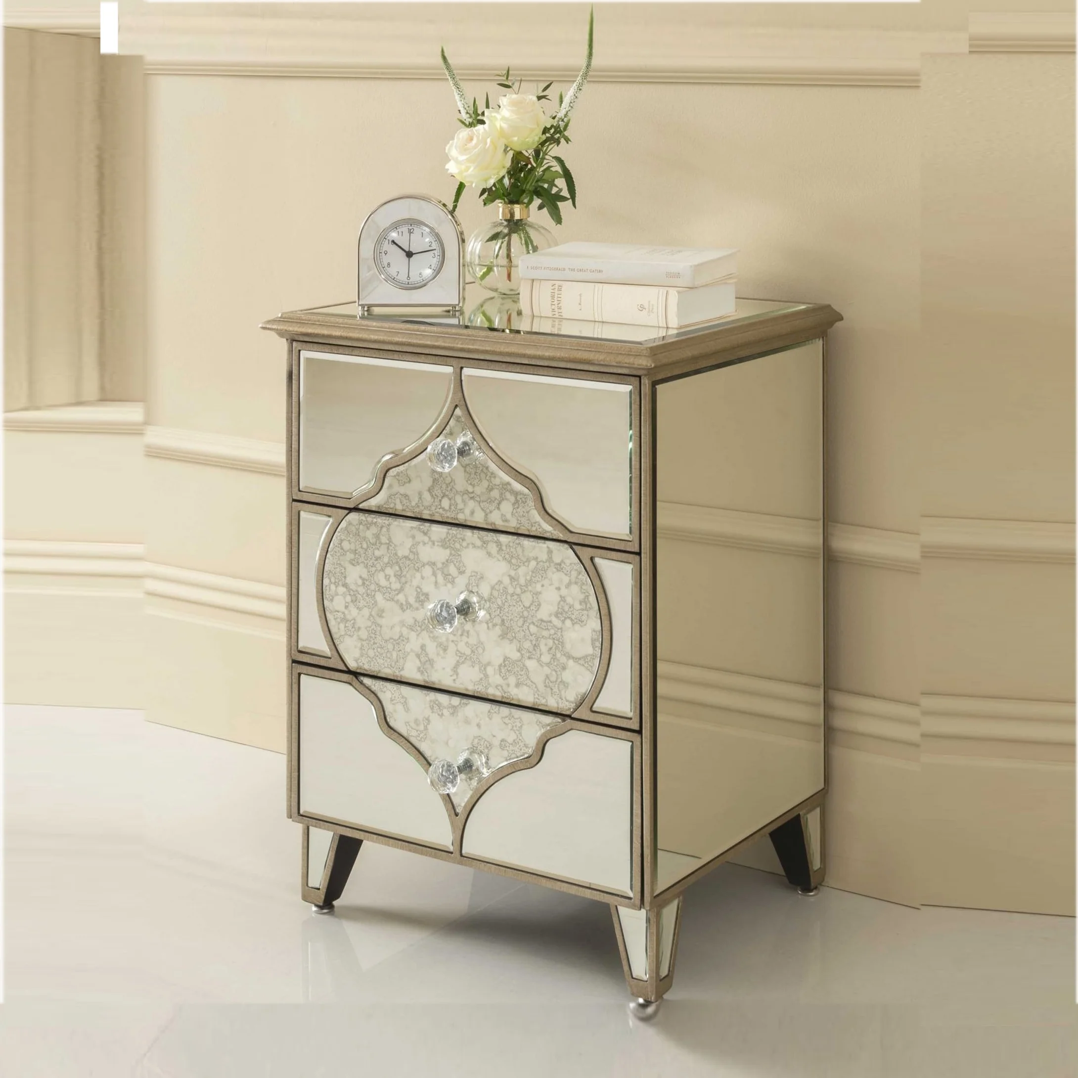 Antique new elegant design golden line mirrored night stand bed side table with 3 drawers