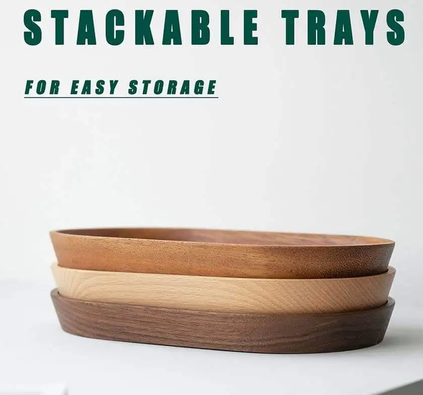 Wooden Serving Tray for Parties, Tea&Coffee Table Tray, Small Oval Wood Plate for Fruit&Snacksnon slip wooden food tray