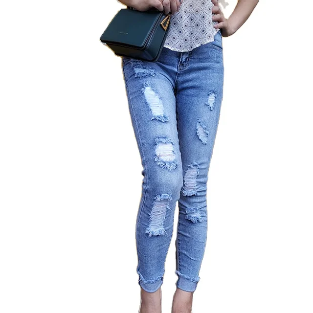 Женские джинсы, синие эластичные женские брюки, брюки и джинсы, рваные джинсы для женщин