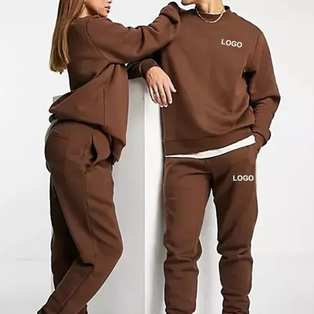 custom men 400gsm hoodies and jogger sets solid logo brown sweatsuit unisex hoody heavyweight cotton tracksuit