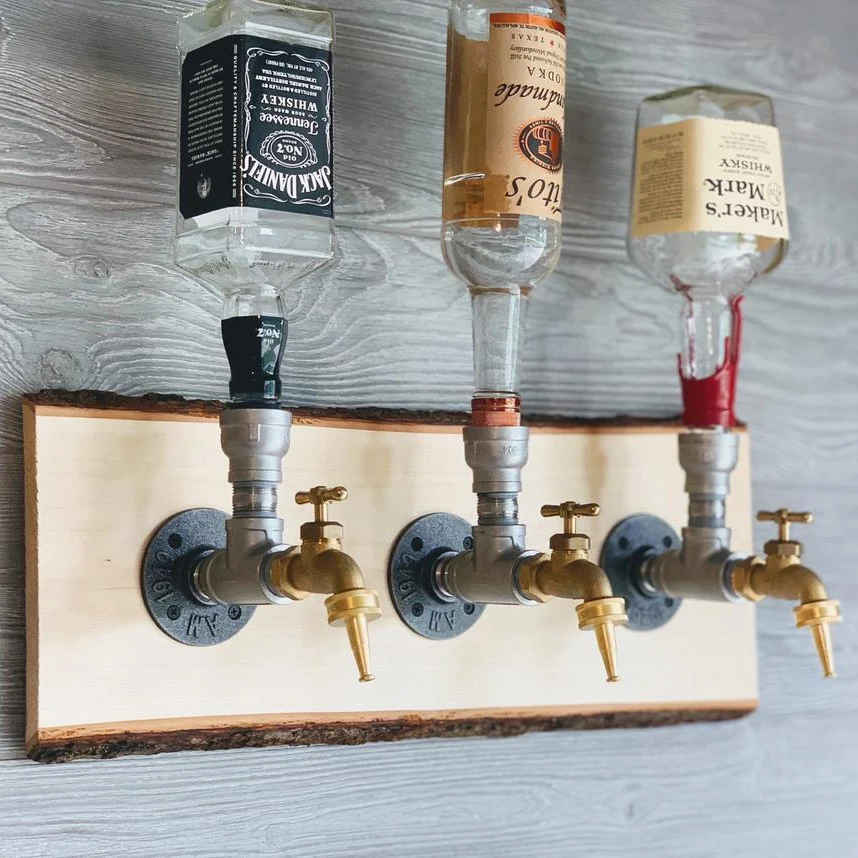 3 Bottle Hanging Industrial Wall Mounted Spirit Drink Dispenser Durable Retro Wrought Iron Bar Wine Pipe Wall Drink Dispenser