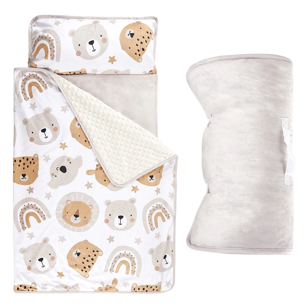 Minky Dot Cartoon Bear Quilted Toddler Nap Mat Portable Outdoor Sleep Mat for Kids 200TC Cotton Filling Animal Pattern