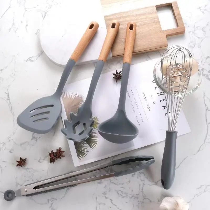 Hot Sale 6 Piece Cooking Tools Silicone Kitchen Utensils  Kitchen Utensils Set with Wooden Handles Cooking Tools set