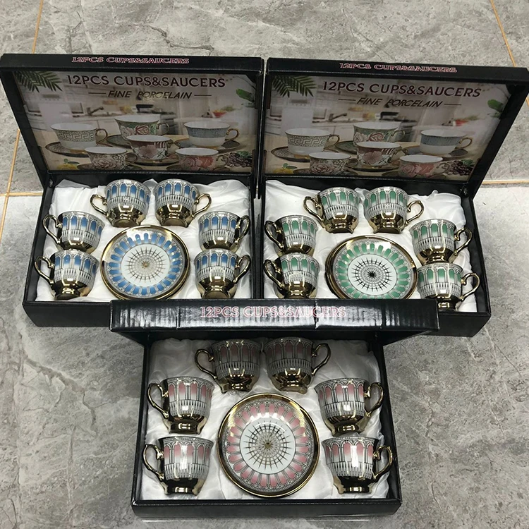 Wholesale Porcelain Arabic Afternoon Tea Gift Set 12PCS Luxury Ceramic Coffee Tea Cup and Saucer Set of 6