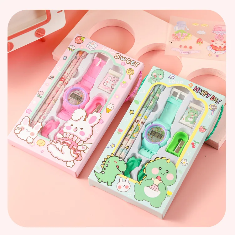 Wholesale School gift cartoon electronic watch Stationery Gift Box Stationery Set Mini Gift With Watch