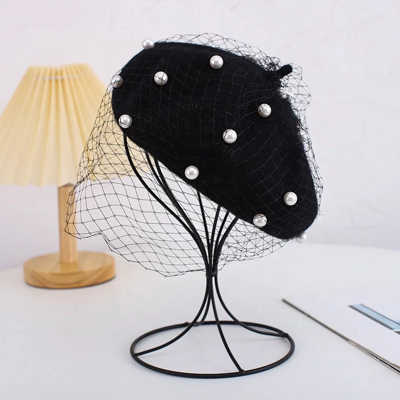 Wholesale fashion designer church girl brown 100% wool Gauze pearl school various colors french net beret hat cap