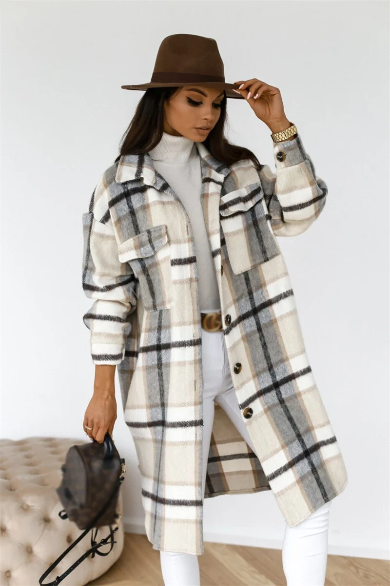 Autumn winter coats for women 2021 lapel pocket long plaid shirt jacket coat woolen fleece plaid long coats brown for women