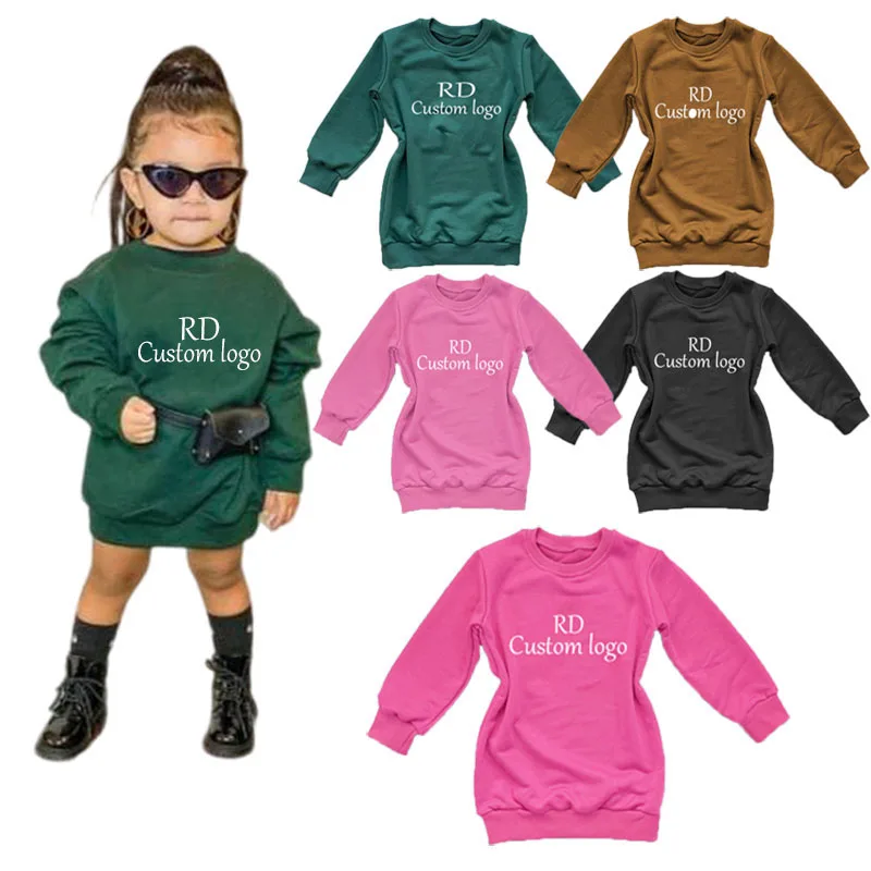 2023 Fashion girl round collar long -sleeved dress polyester solid color learning step baby dress custom logo