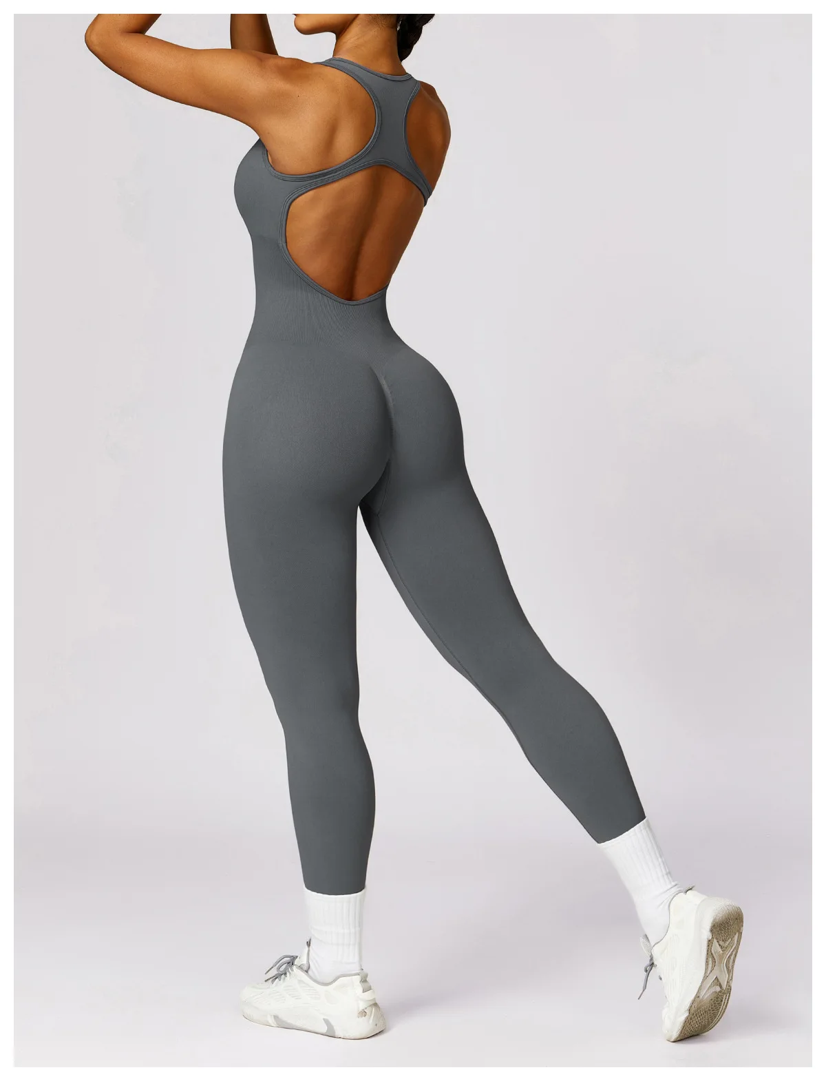 Good Quality Ladies Seamless Ribbed One Piece Hollow Out Back Jumpsuit Female Fitness Sleeveless Tight Fit Yoga Bodysuits