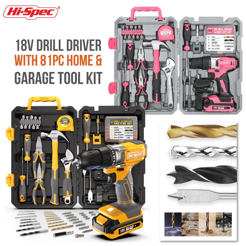 18V safe Cordless Power Drill Driver wtih Complete hand tools set for Home and Garage DIY tool box for woman and man