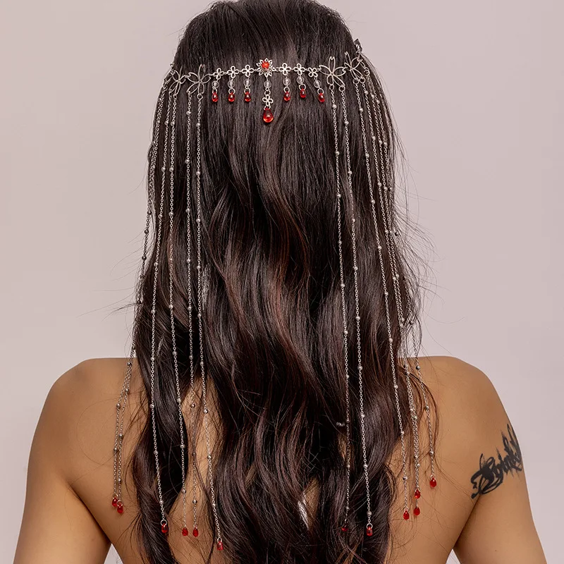Wholesale Customised Shiny Head Chain Long Tassel Hair Band Water Drop Crystal Retro Hairpin