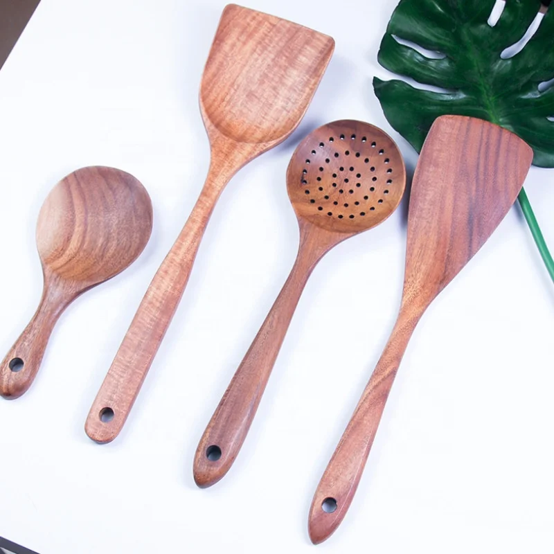 Natural Teak Wood Utensils WoodKitchen Cooking Tools, Uncoated Dishwasher Safety Wooden Kitchen Utensil Set