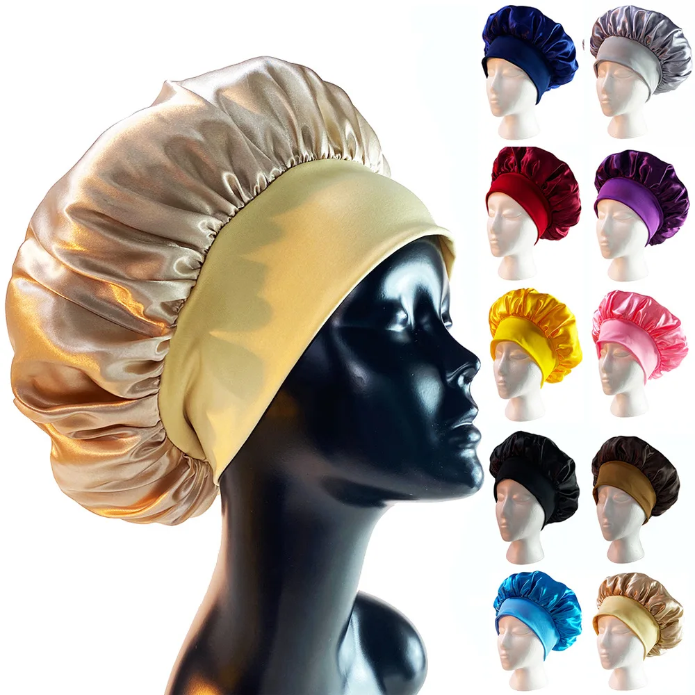 Bonnet cap custom logo silk hair warp women silk night sleep hats printed soft satin shower cap adjustable with Band Set bonnet