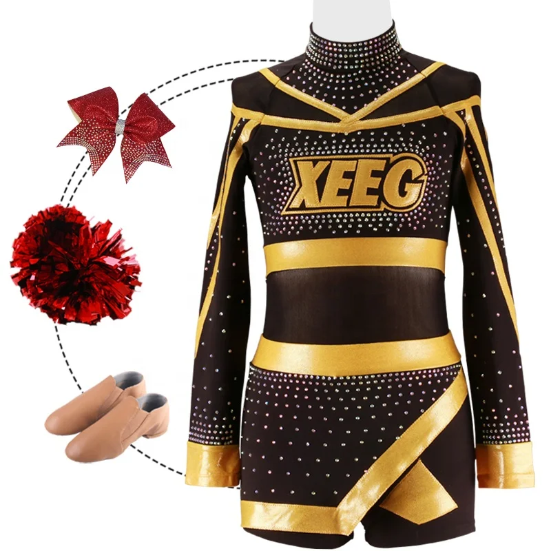 Top Sale High Quality Black Gold Perfessional Design Custom wholesale Competitions Cheerleading Uniforms For Girls Children