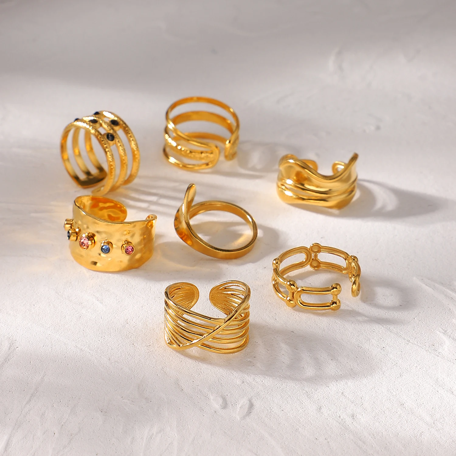 YICAI 18k Gold Link Chain Open Ring Geometric Twisted Wide Band Adjustable Cheap Stainless Steel Jewelry Ring Set For Women