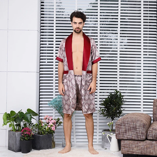 
Two piece silk robe set Luxurious satin nightgown short sleeve pattern design pajamas for men 