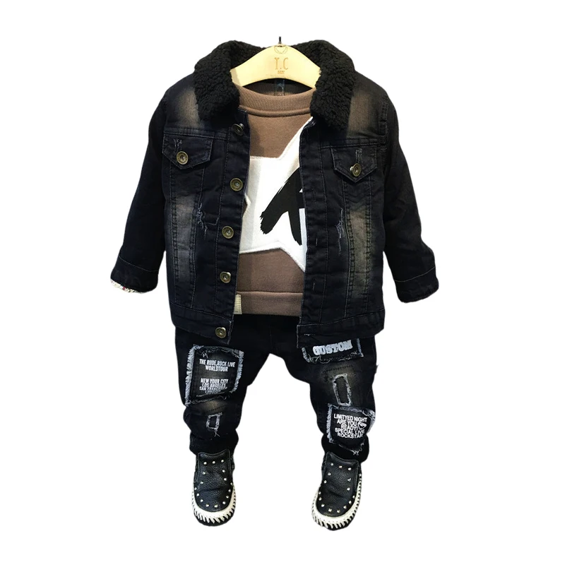 High Quality Vintage Padded Boys Denim Suit Three Piece Autumn Winter Outdoor Warm Children Jackets Set Denim Kids Clothes Set