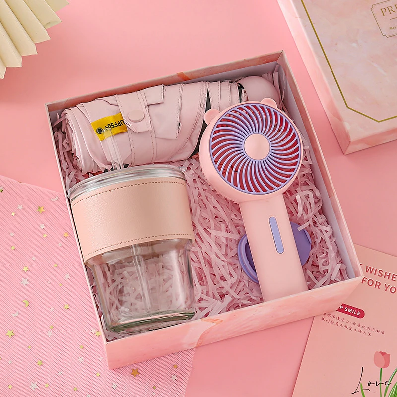 3 in 1 2024 New Product Ideas Vacuum Cup Mug USB Fan Umbrella Towel Gift Set Mini Fan Gift Set