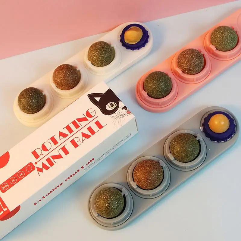 Rotated Ball Pet Treat Toys Chew Set Teething Catnip Ball Mounted Edible Ball Self-Adhesive Wall