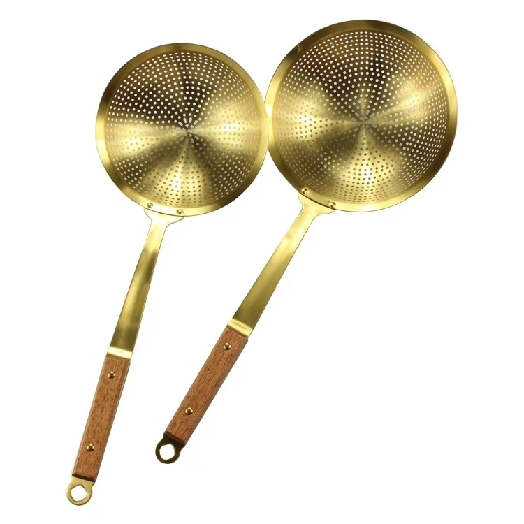 Slotted Spoon Kitchen Flour Sieve Gold Pasta Strainer Skimmer Wood Handle Stainless Steel Colander Ladle