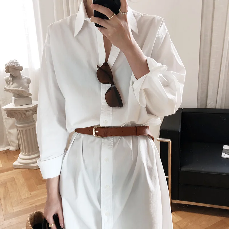 
Женское дизайнерское платье-рубашка до колен, однотонная свободная длинная юбка-рубашка, элегантное платье большого размера, 2021 