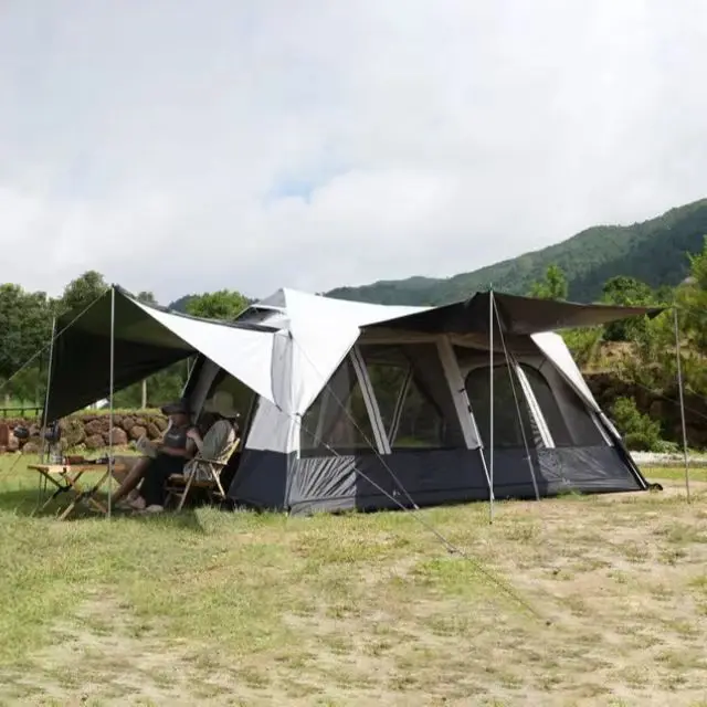 high quality Outdoor Automatic Aluminum Waterproof black coated 2 room 1 Living Room Big Family Camping Tent for 8 10 12 Person