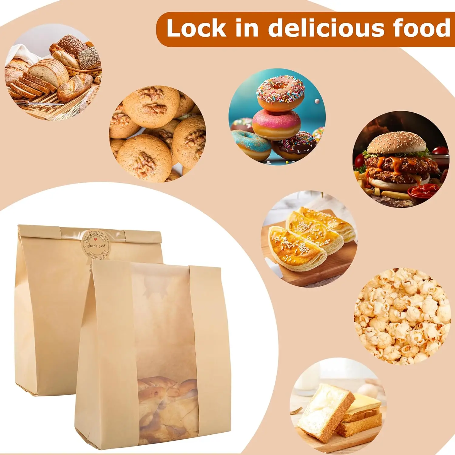 Custom Logo Paper Bread Loaf Bag Kraft Snack Food Packaging Bakery Bag With Window