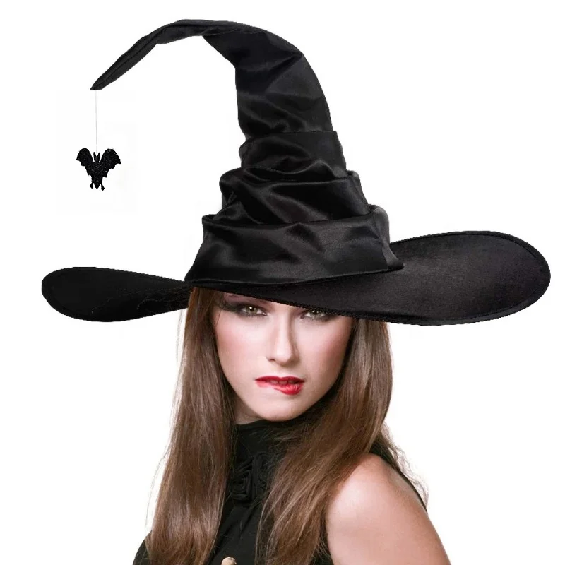 Hot Sell Halloween Party Witches Hat Hanging With Spider Bat Halloween Wrinkle Witch Hat Costume Accessory