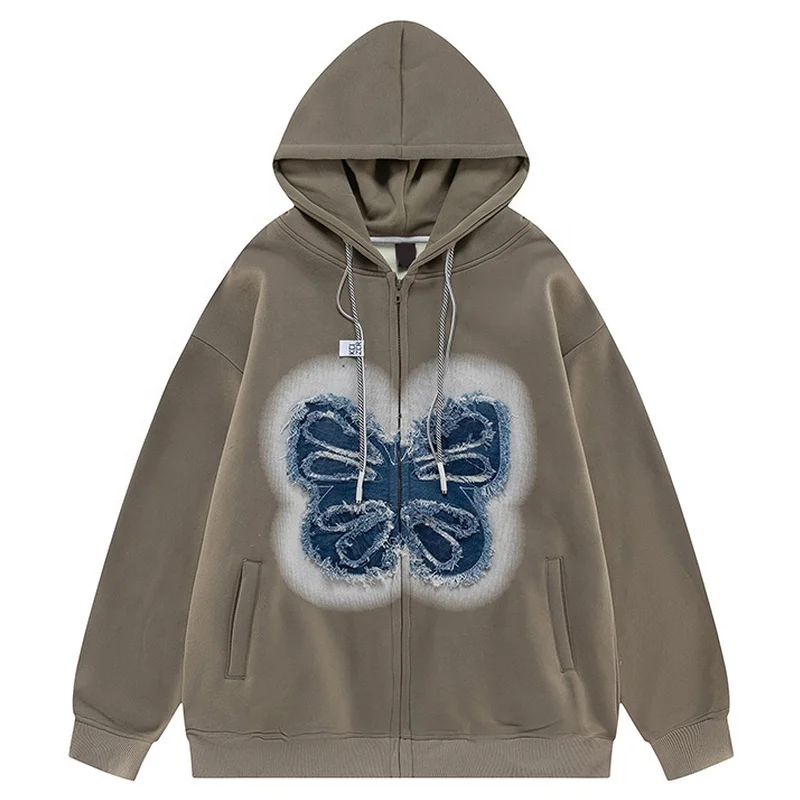 China manufacturers Custom 470gsm heavy weight thick fabric cut and sew LOGO full zip vintage embroidery patch men zip up hoodie