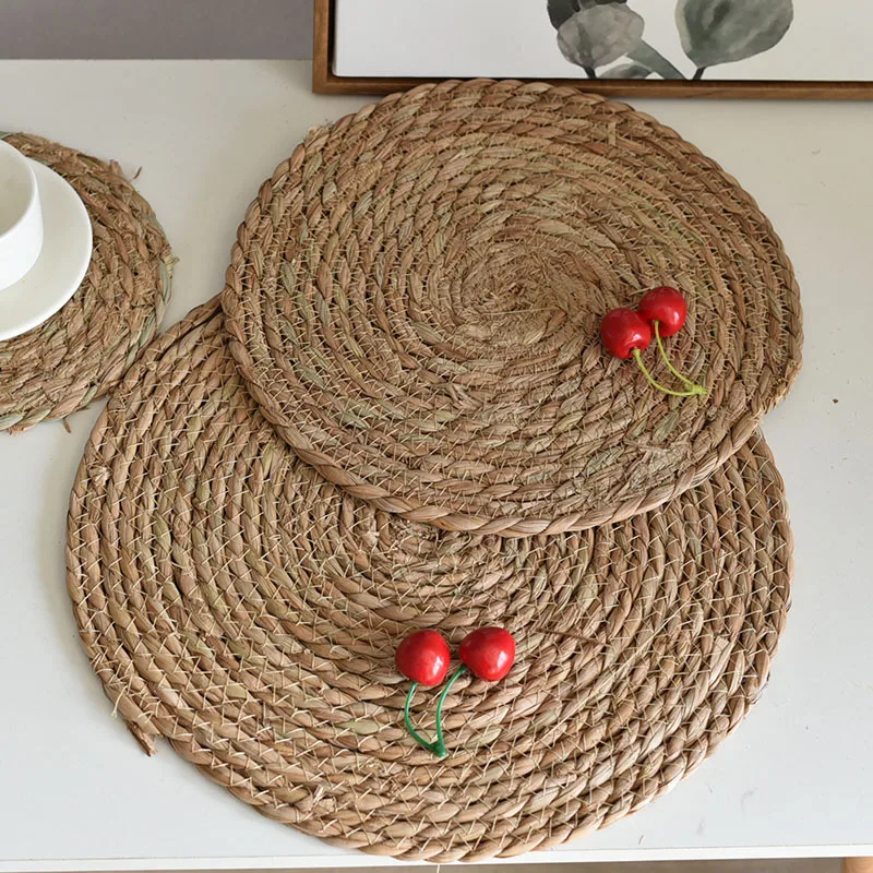 Home Hand Woven Place Mat Japanese Pastoral Thermal Insulation Teacup Table Straw Round Bowl
