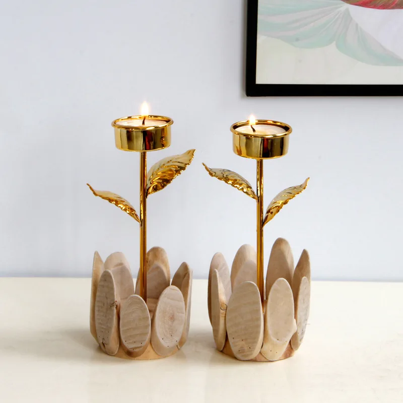 Creative golden wood combination Flower candle holder Pastoral decoration Tea Light Candle Holder