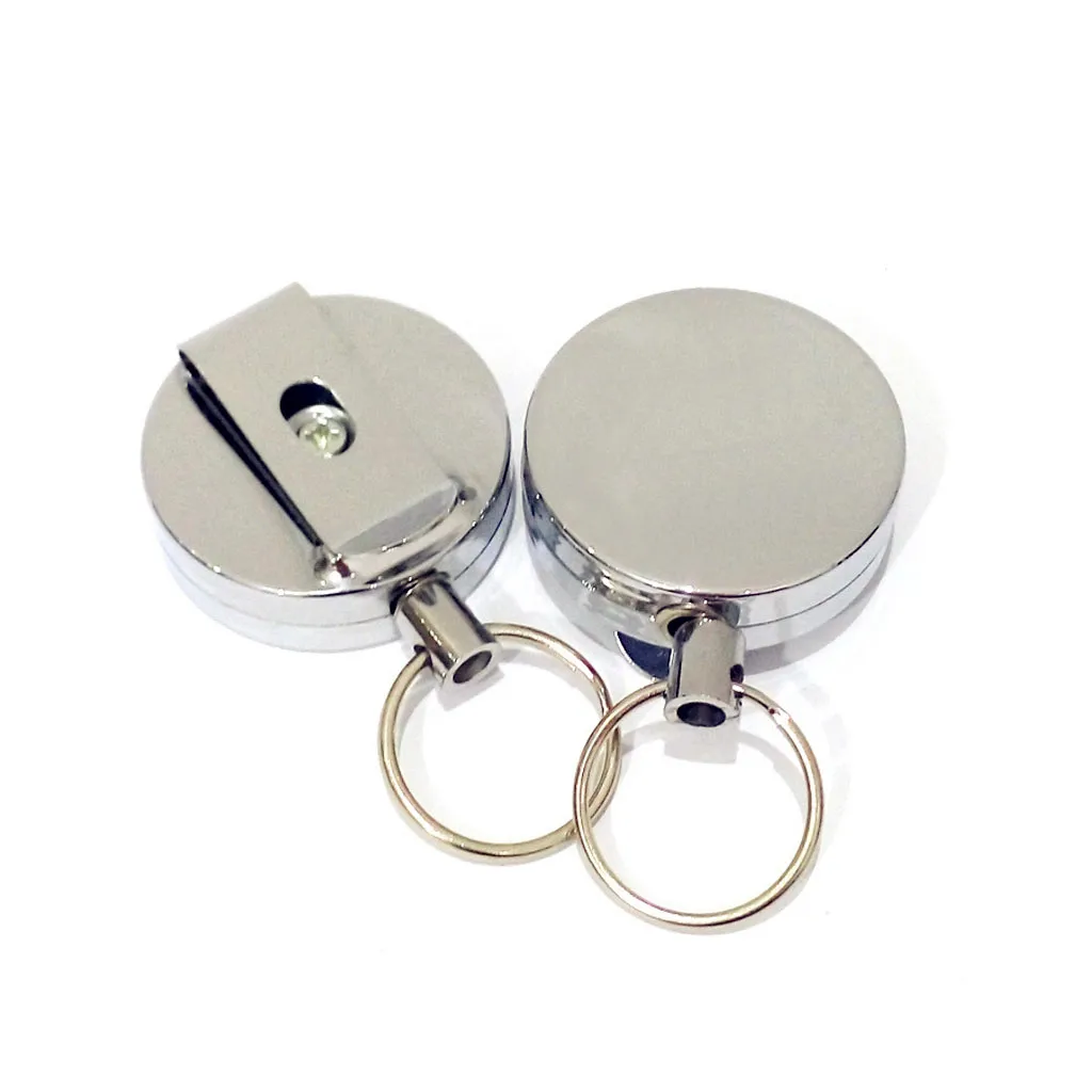 Wholesale cheap custom EDC retractable anti lost stainless steel wire rope reel buckle belt clip  keychain