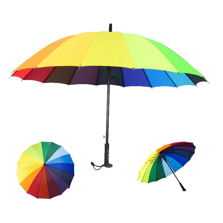 Multi Colors 16k Ribs Vurved Handle Ladies Girl Women Rainbow Straight Golf Umbrella with Custom Logo and Colors for Promotion