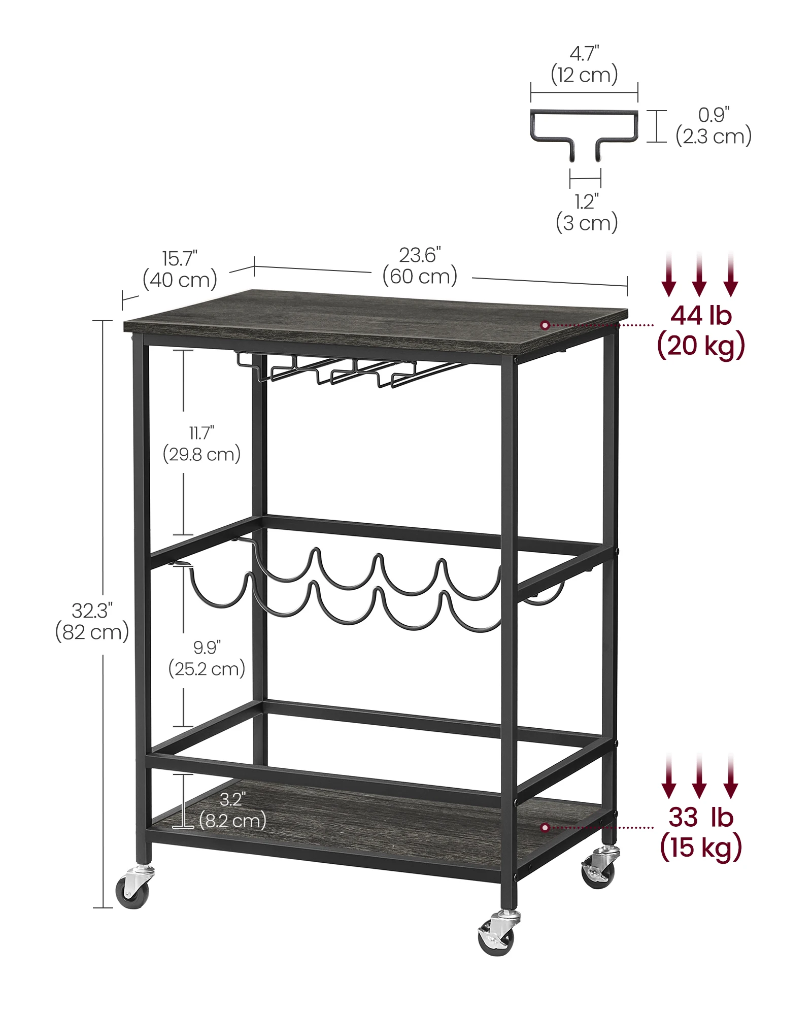 VASAGLE Mobile Microwave Cart on Wheels 3-Tier Rolling Wine Carts with Wine Rack and Glass Hold Bar Carts for Home