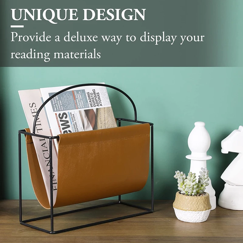 Modern Magazine Holder with Industrial Matte Black Metal Frame and Caramel Brown Leatherette Sling Hanging Storage Organizer